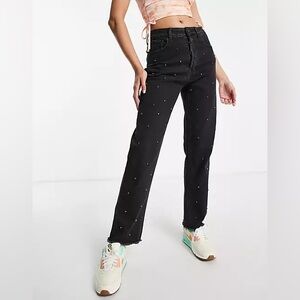 By the way. Black Wash Embellished High Rise Raw Hem Jeans